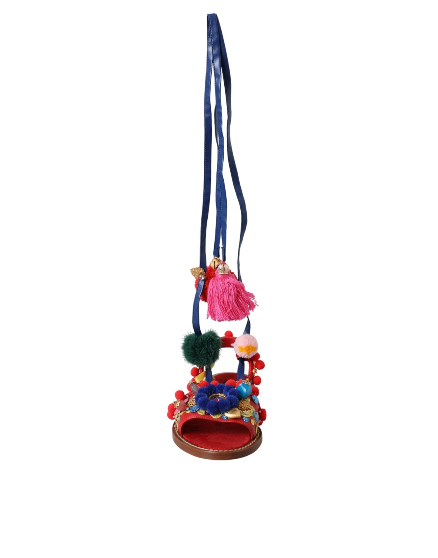 Dolce & Gabbana Multicolor Pom Pom Fur Wrap Sandals Women's Shoes