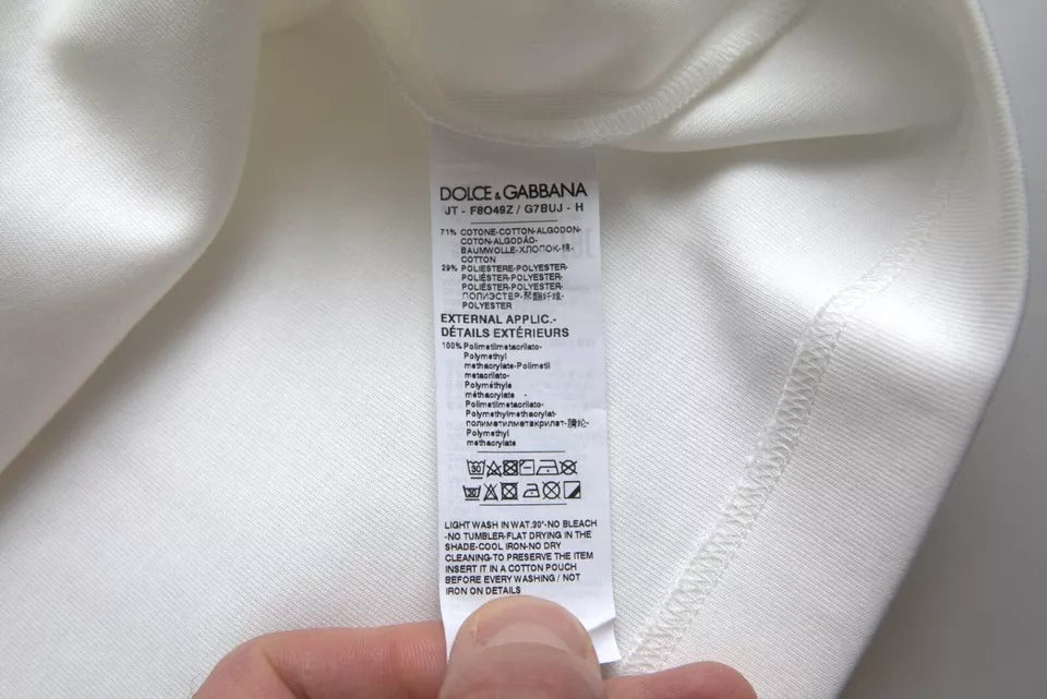Dolce & Gabbana White Cotton Stretch Black HOT Crystal Men's T-shirt (Pre-Owned)