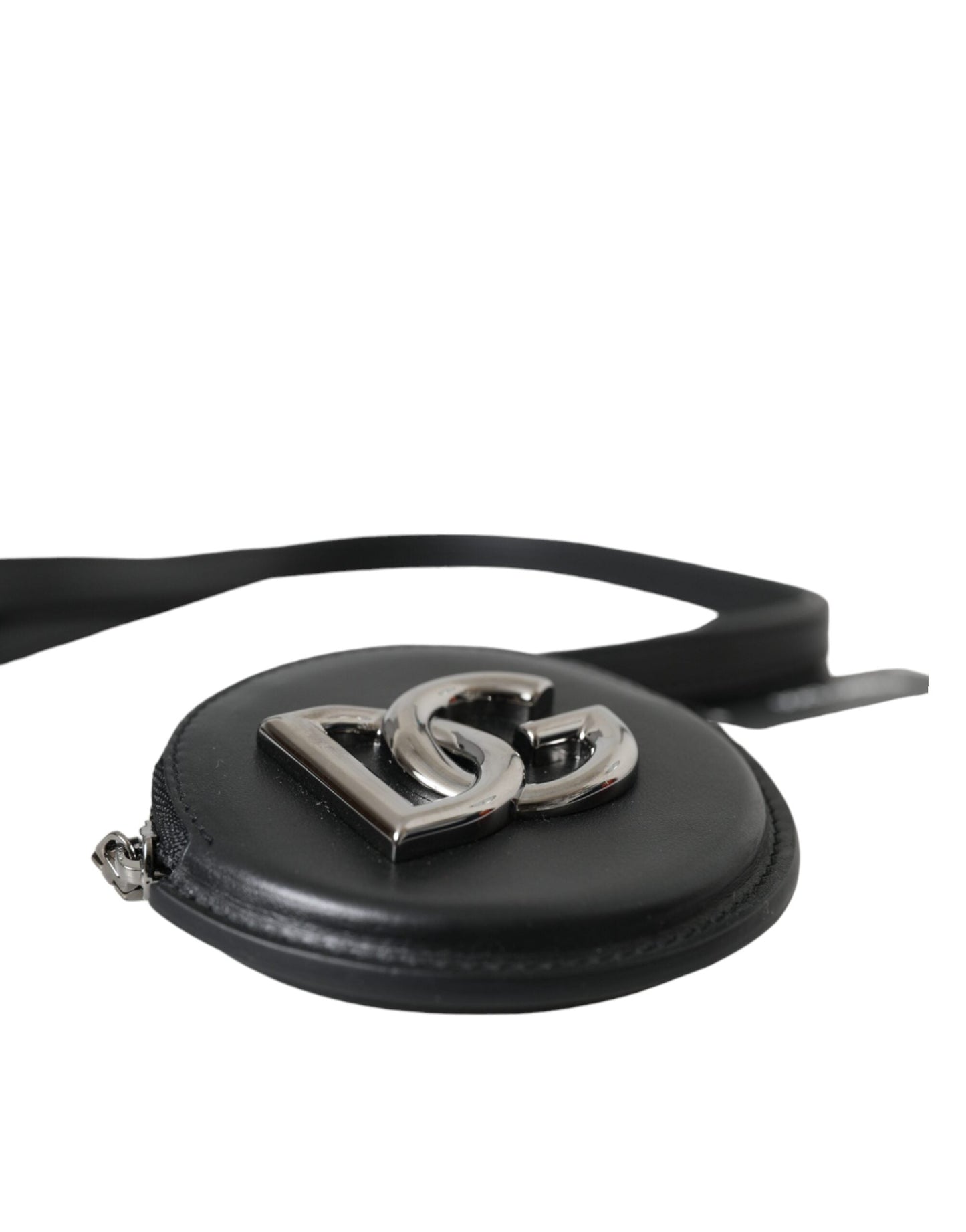 Dolce & Gabbana Black Round Leather DG Logo Coin Purse Lanyard Men's Wallet