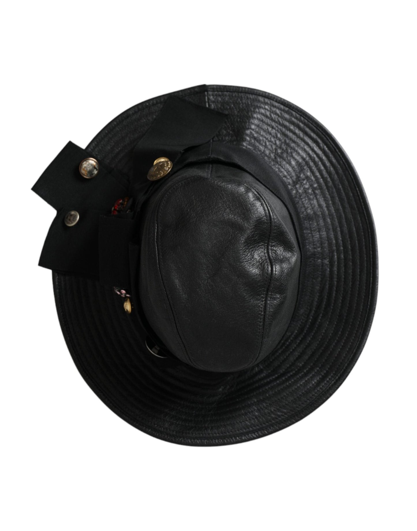 Dolce & Gabbana Black Leather DG Coin Crystal Wide Brim Women's Hat