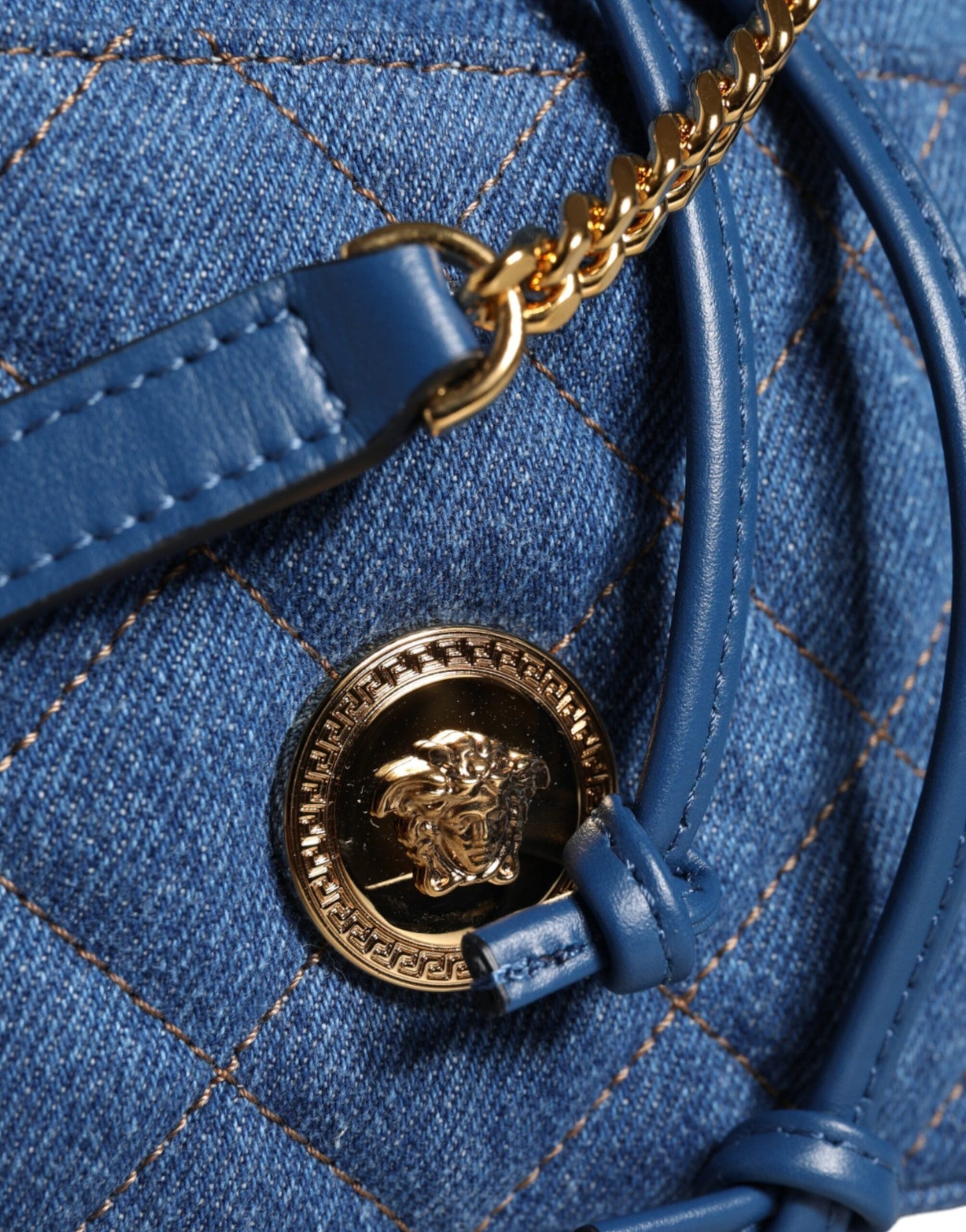Versace Blue Quilted Denim Leather Crossbody Shoulder Women's Bag