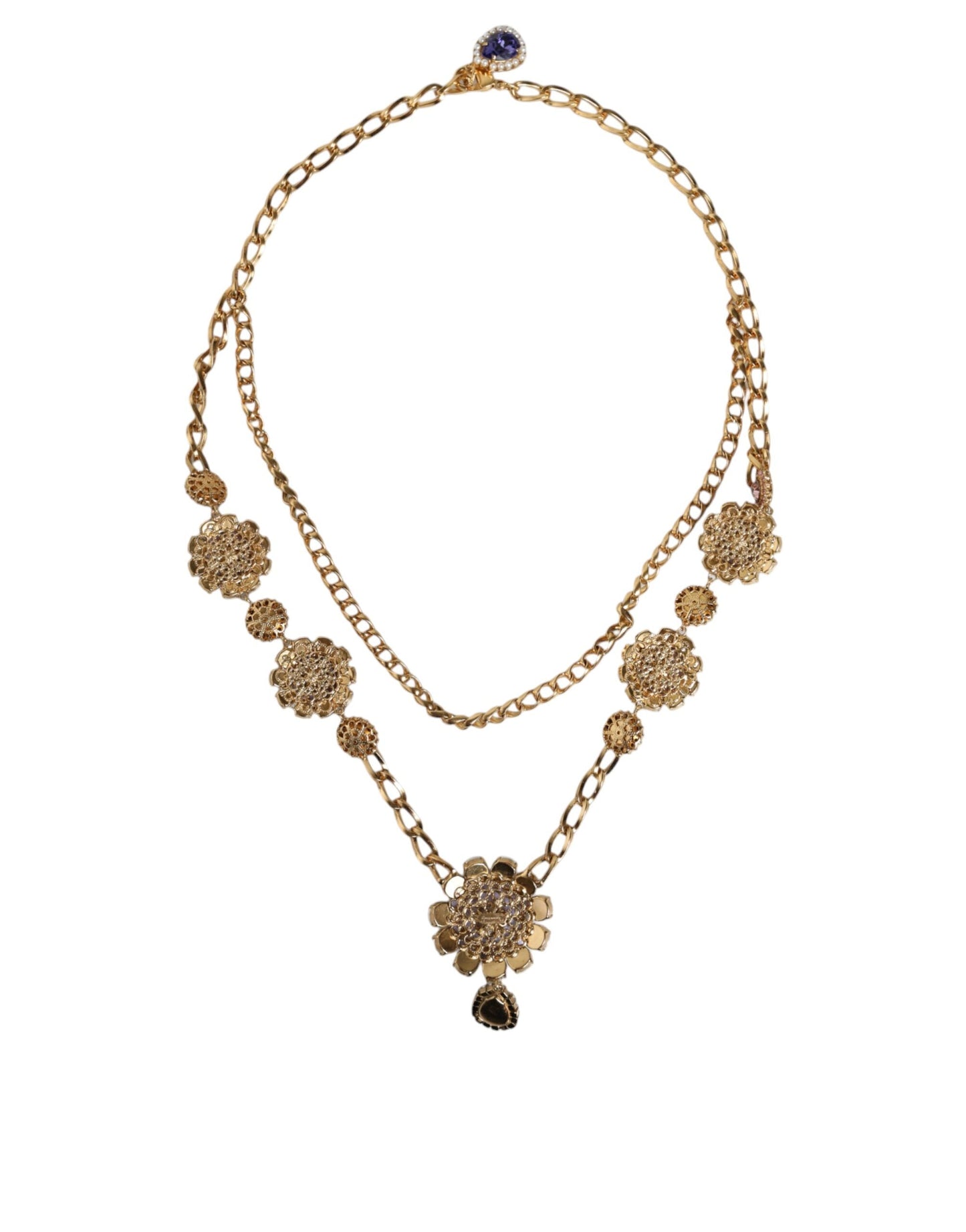 Dolce & Gabbana Gold Tone Floral Crystals Embellished Layered Women's Necklace (Pre-Owned)