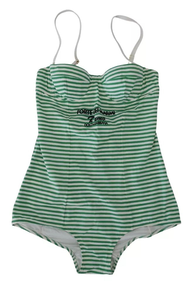 Dolce & Gabbana White Green Stripes One Piece Beachwear Women's Swimwear