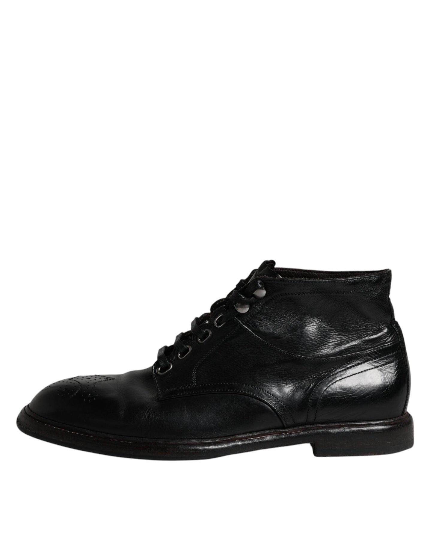 Dolce & Gabbana Black Leather Men Short Boots Lace Up Men's Shoes (Pre-Owned)