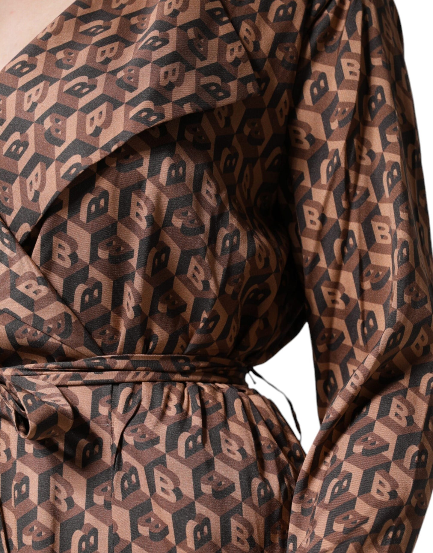 Ballantyne Brown Printed Long Sleeves V-neck Wrap Midi Women's Dress (Pre-Owned)