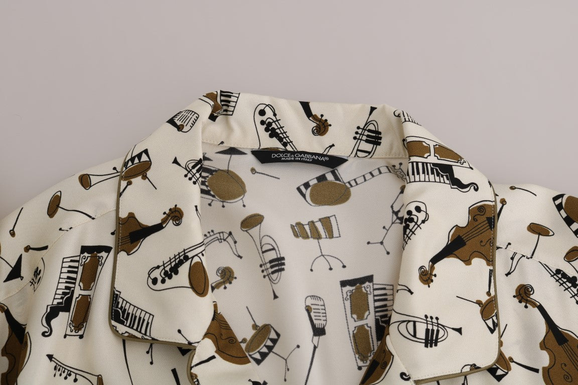 Dolce & Gabbana White Silk JAZZ Motive Print Men's Shirt