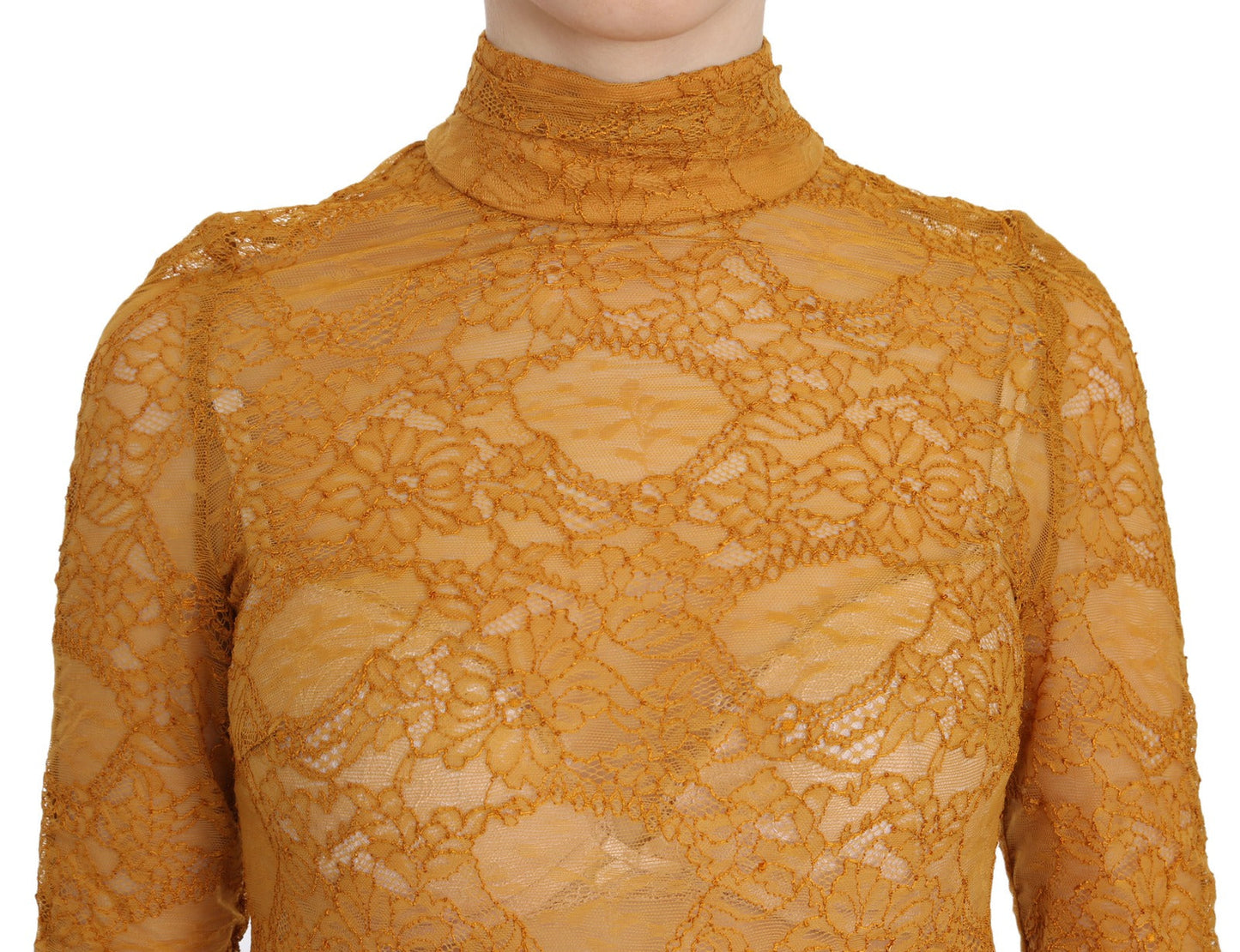 Mangano Mustard Turtle Neck Long Sleeve Lace Top Women's Blouse