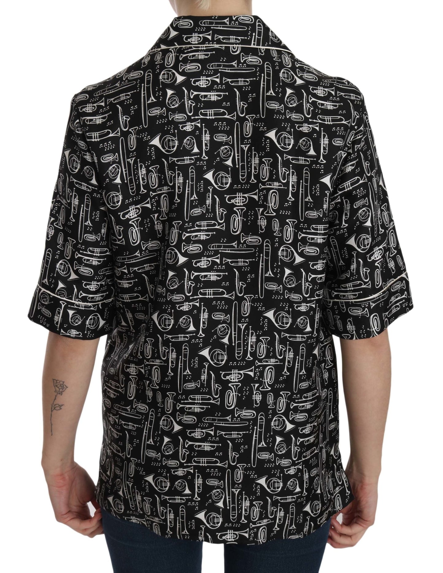 Dolce & Gabbana Black Musical Instrument Print Silk  Women's Top