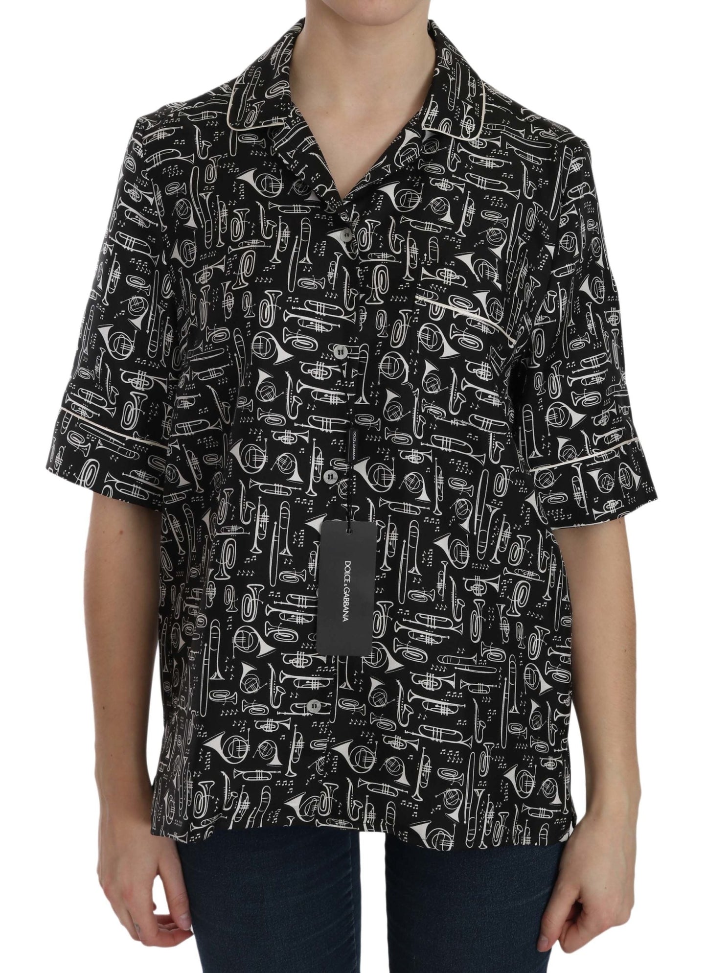 Dolce & Gabbana Black Musical Instrument Print Silk  Women's Top