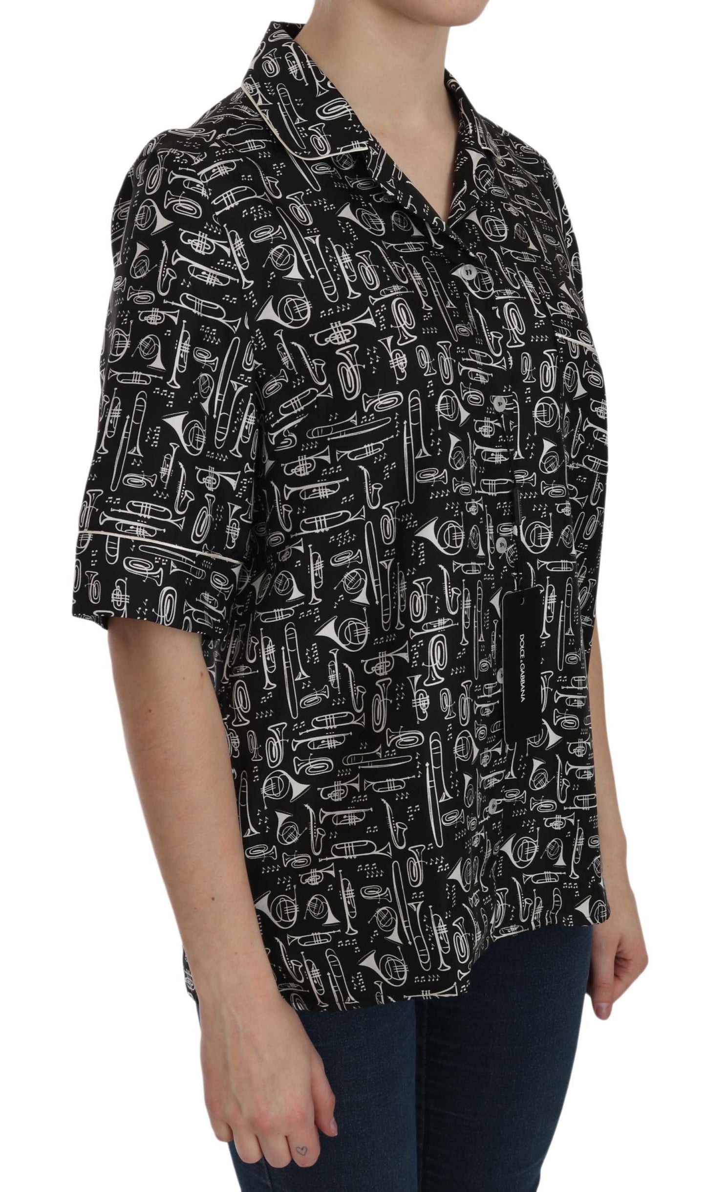 Dolce & Gabbana Black Musical Instrument Print Silk  Women's Top