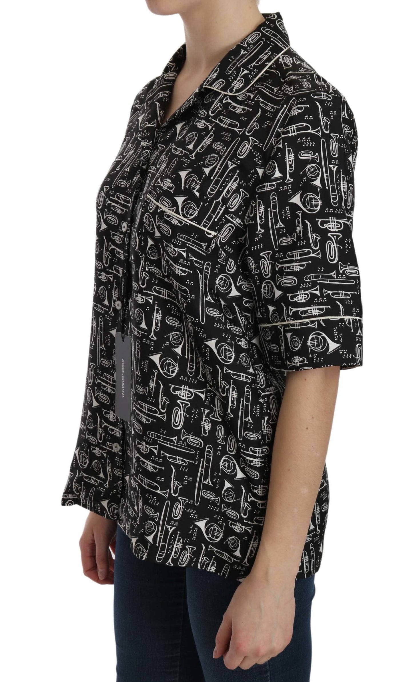 Dolce & Gabbana Black Musical Instrument Print Silk  Women's Top