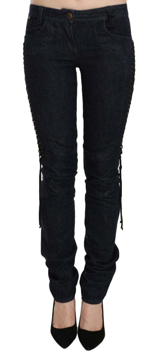 Just Cavalli Blue Low Waist Skinny Trousers Braided String Women's Pants