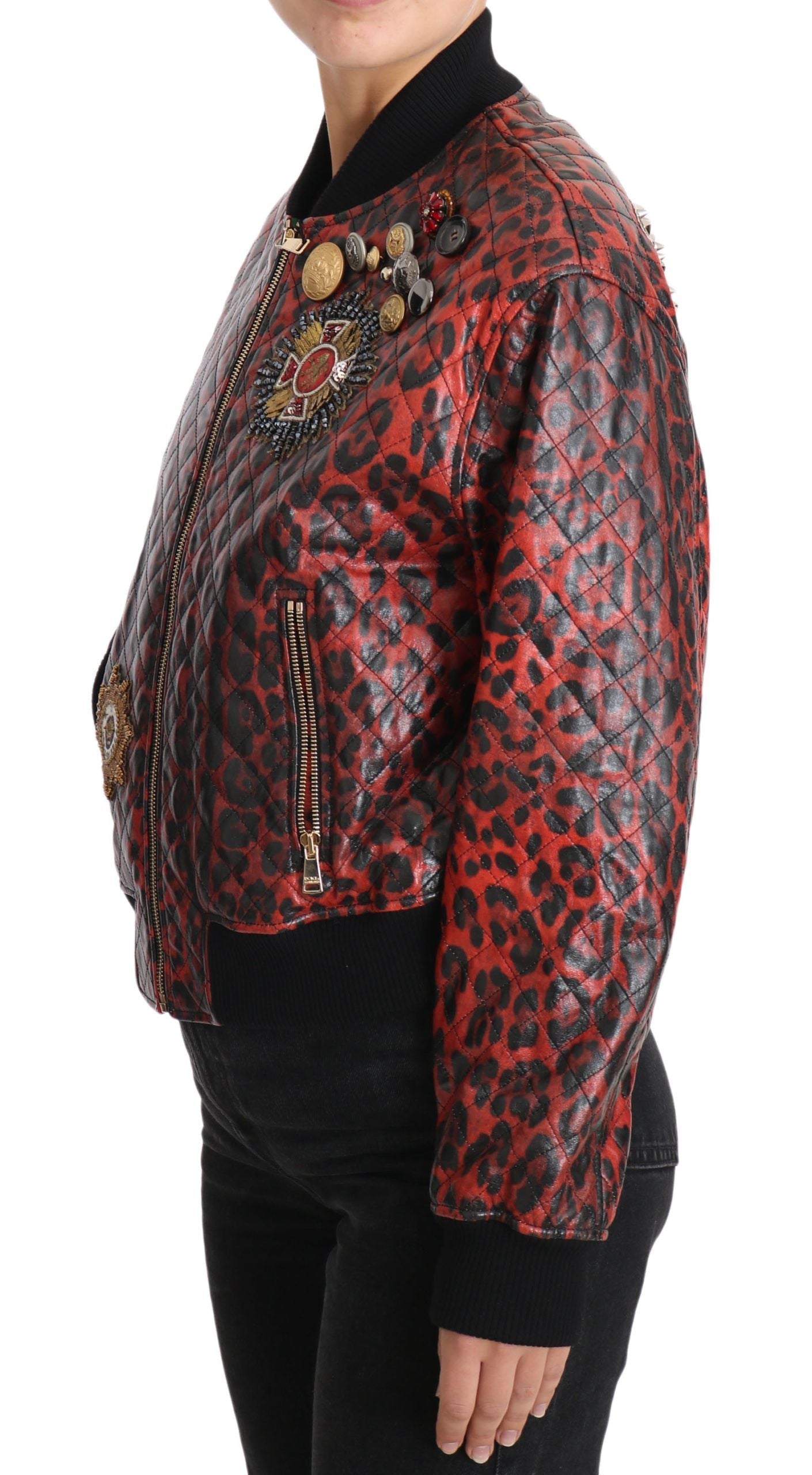 Dolce & Gabbana Red Leopard Button Crystal Leather Women's Jacket