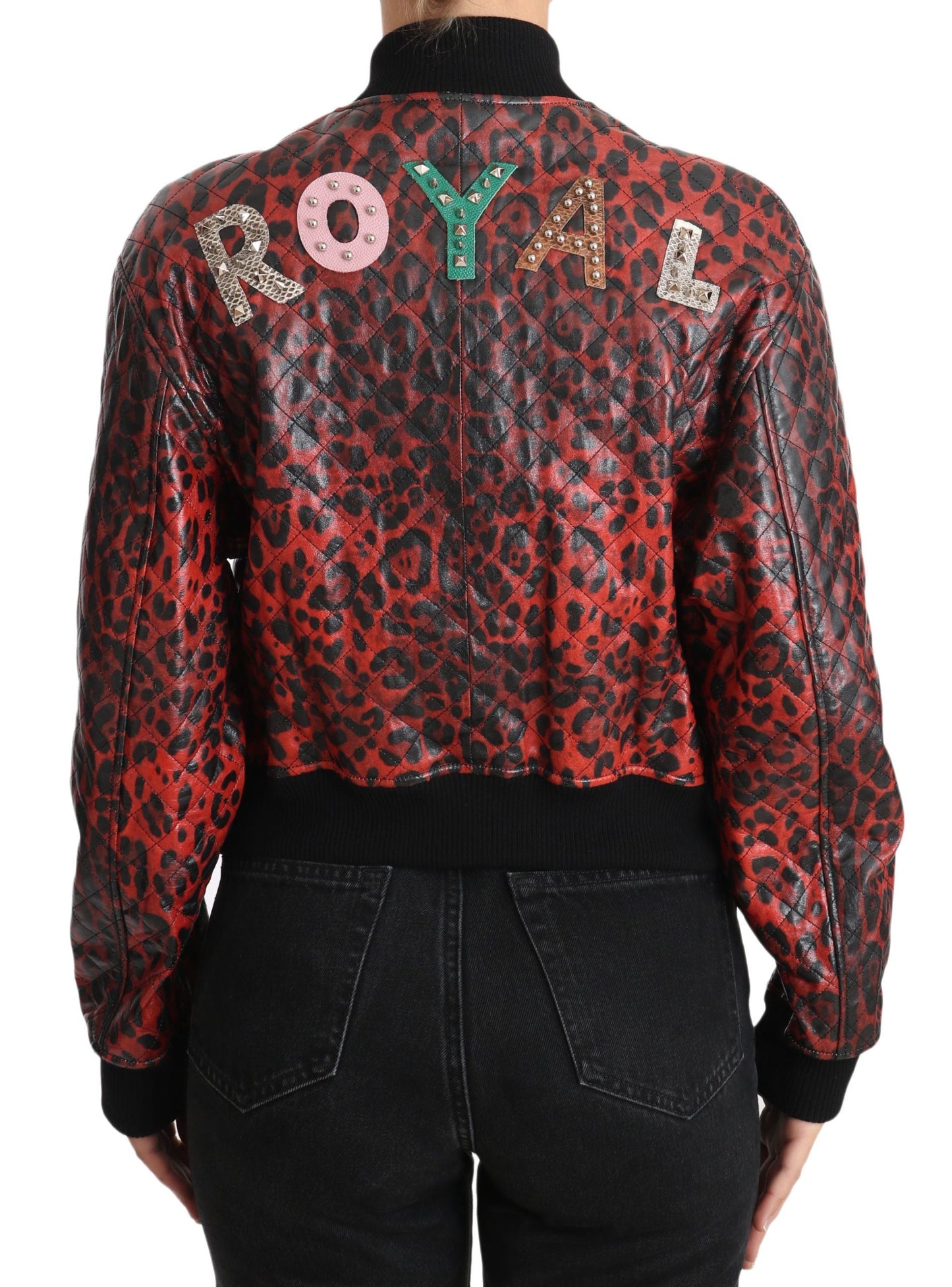 Dolce & Gabbana Red Leopard Button Crystal Leather Women's Jacket