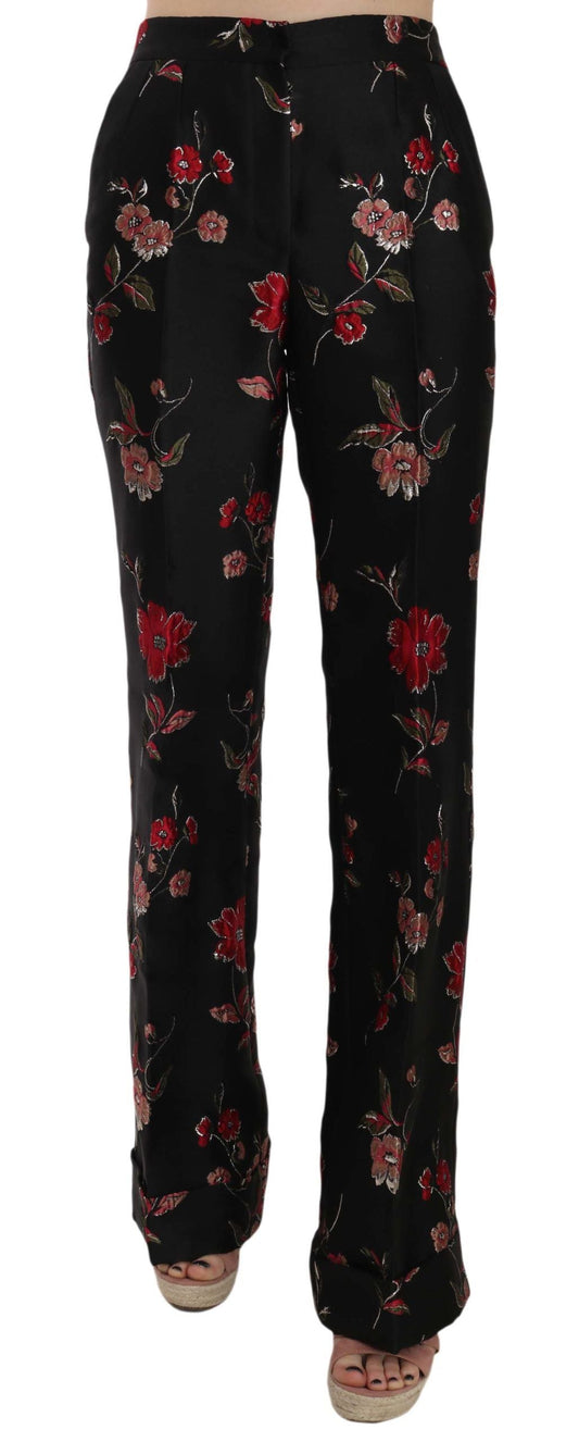Dolce & Gabbana Floral Print Black Boot Cut Trouser Women's Pants