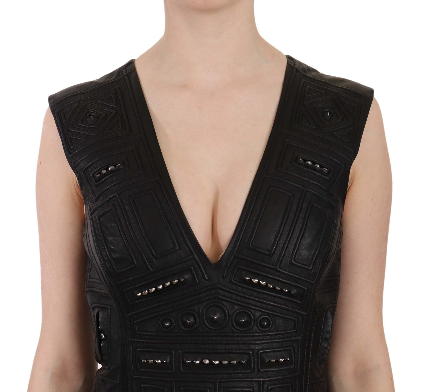 John Richmond Black Leather Studded Mini Shift Women's Dress