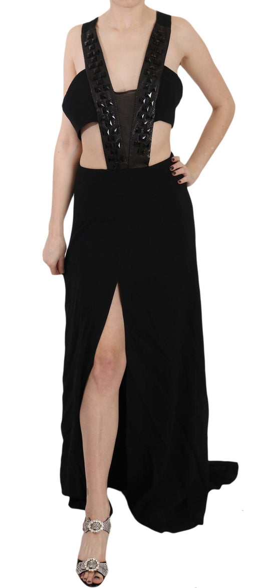 John Richmond Black Crystal Leather Gown Flare Women's Dress