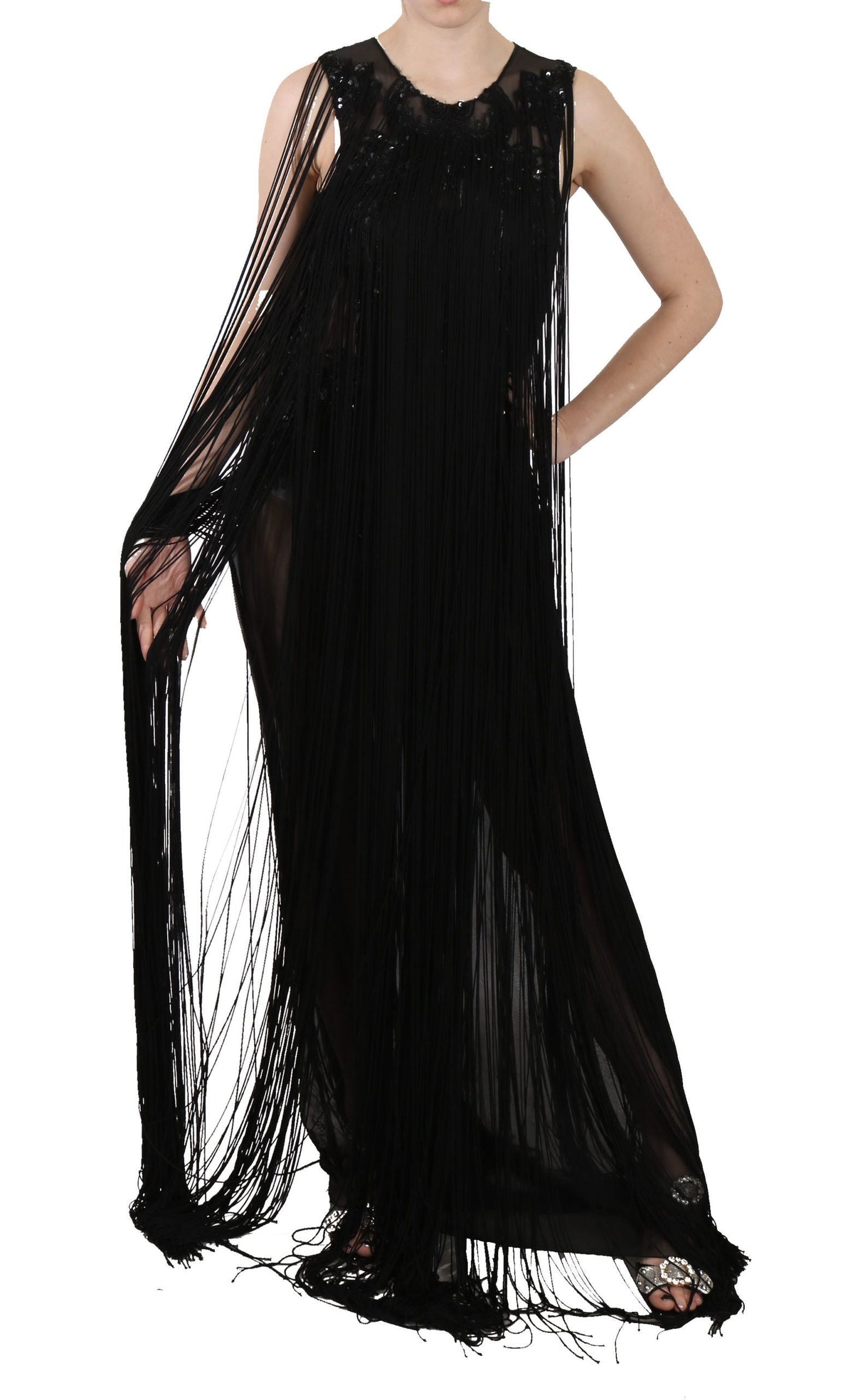 John Richmond Black Silk Beaded Sequined Sheer Women's Dress