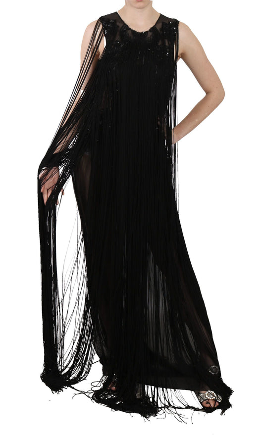 John Richmond Black Silk Beaded Sequined Sheer Women's Dress