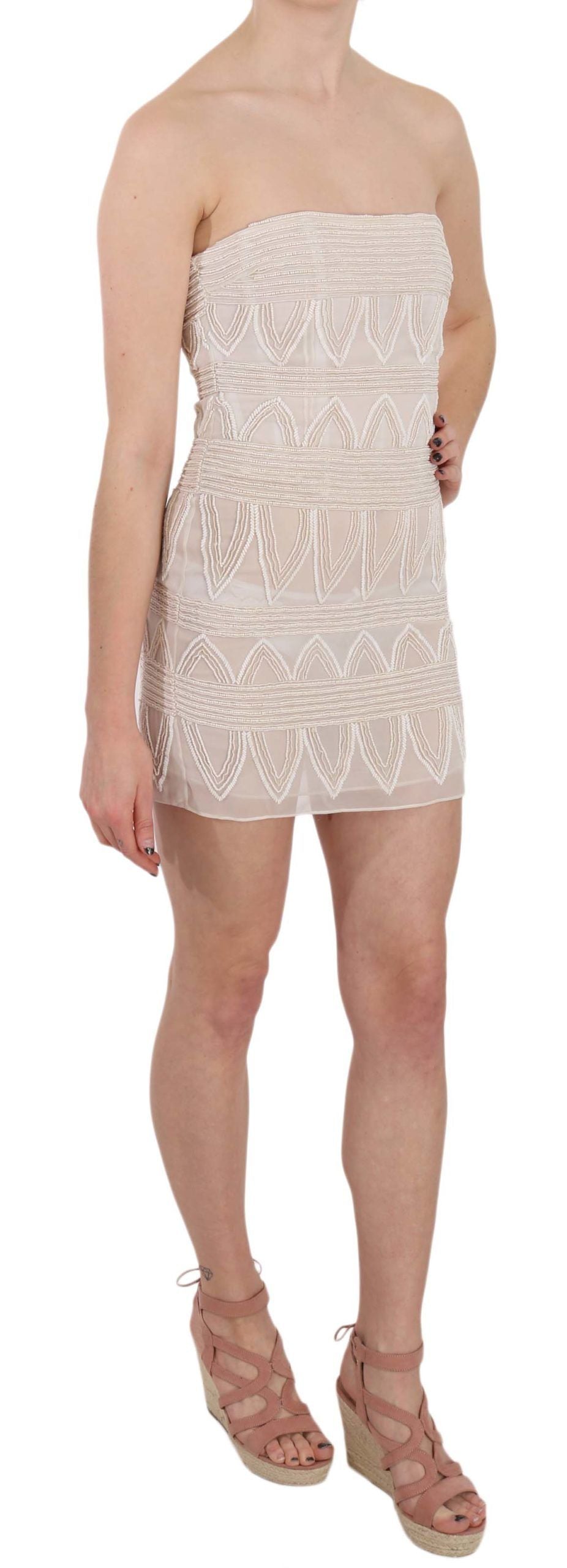 John Richmond Beige Beaded Silk Short Mini Gown  Women's Dress