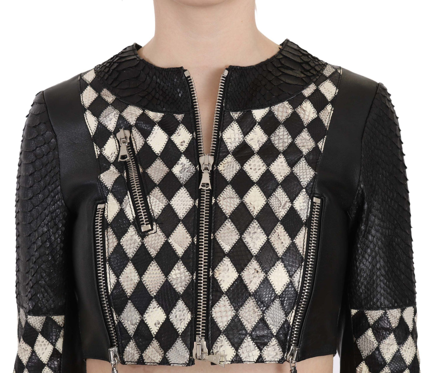 John Richmond Black White Leather Short Cropped Biker Jacket Women's Coat