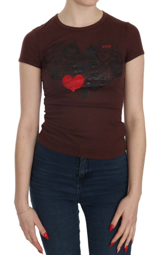Exte Brown Hearts Short Sleeve Casual T-shirt Women's Top