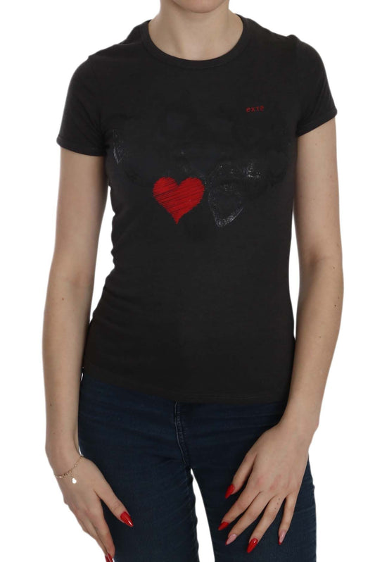 Exte Black Hearts Print Short Sleeve Casual Shirt Women's Top