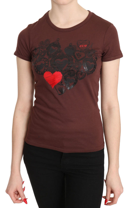 Exte Brown Hearts Printed Round Neck T-shirt Women's Top