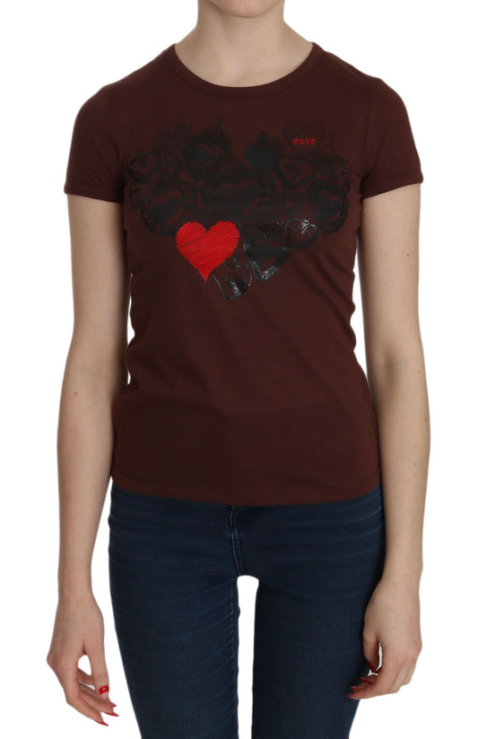 Exte Brown Heart Print Crew Neck T-shirt Short Sleeve Women's Blouse