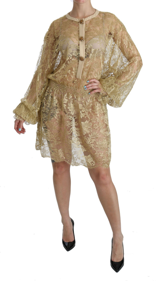 Dolce & Gabbana Gold Lace See Through A-Line Knee Length Women's Dress