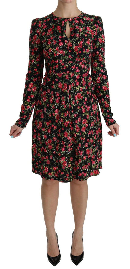 Dolce & Gabbana Black Floral Longsleeve Knee Length Women's Dress