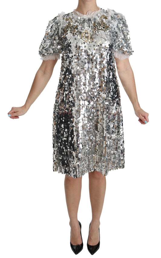 Dolce & Gabbana Silver Sequined Crystal Shift Gown Women's Dress