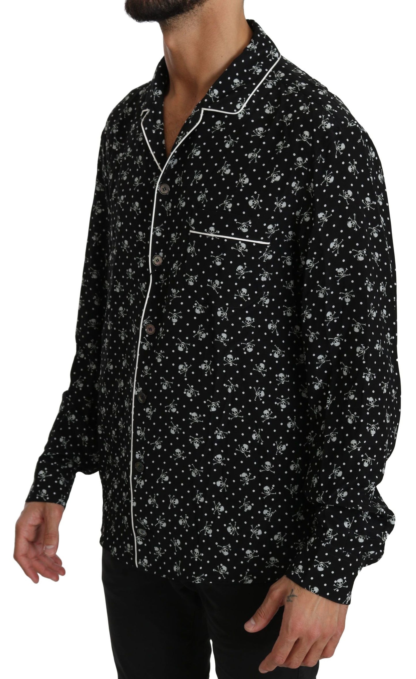 Dolce & Gabbana Black Skull Print Silk Sleepwear Men's Shirt