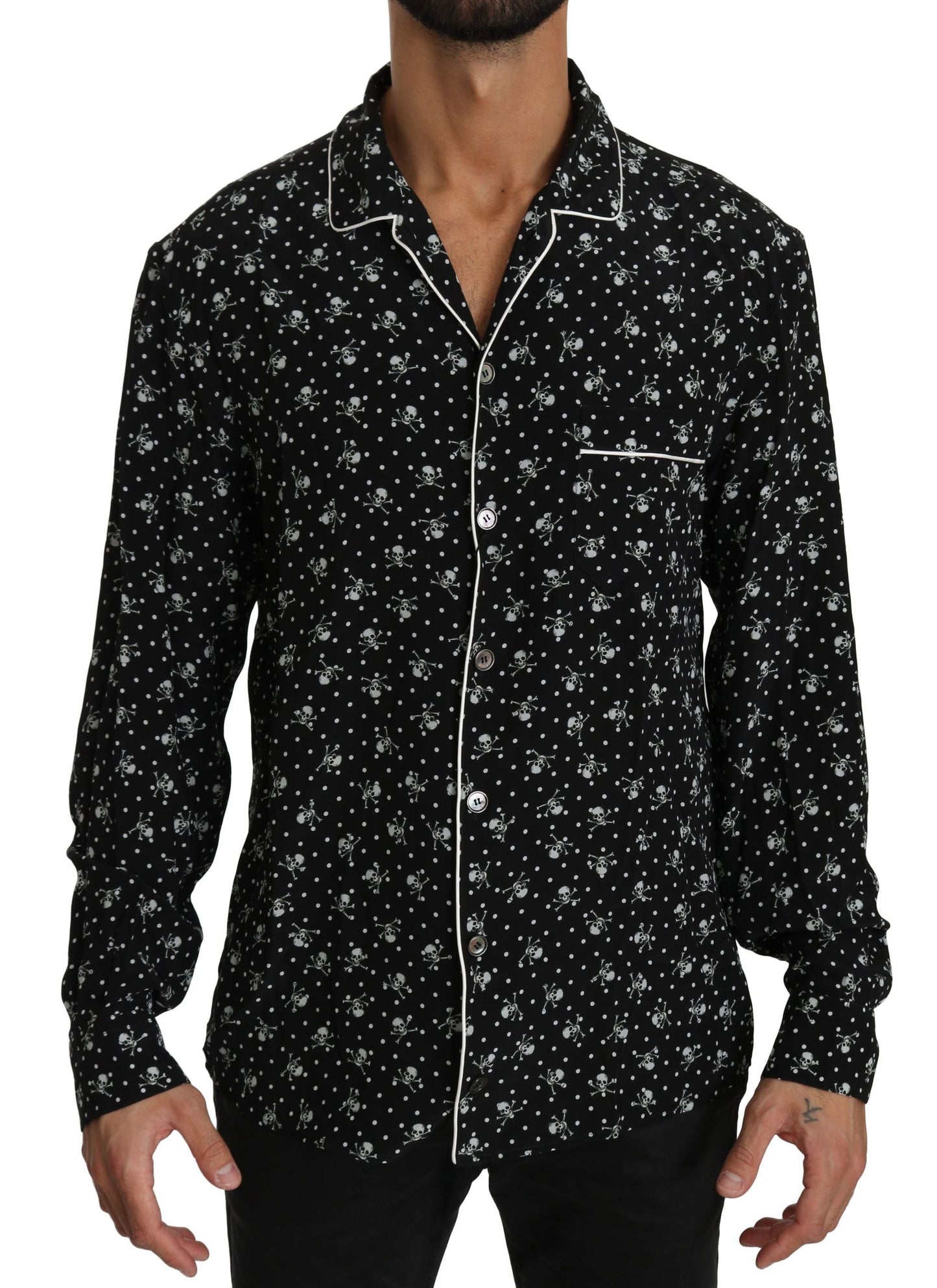 Dolce & Gabbana Black Skull Print Silk Sleepwear Men's Shirt