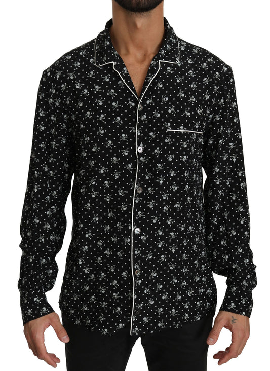 Dolce & Gabbana Black Skull Print Silk Sleepwear Men's Shirt