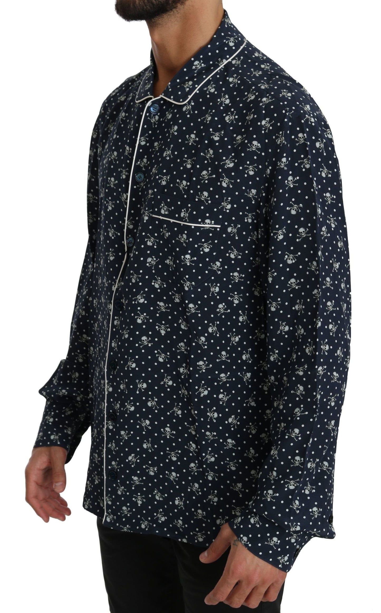 Dolce & Gabbana Blue Skull Print Silk Top Sleepwear Men's Shirt
