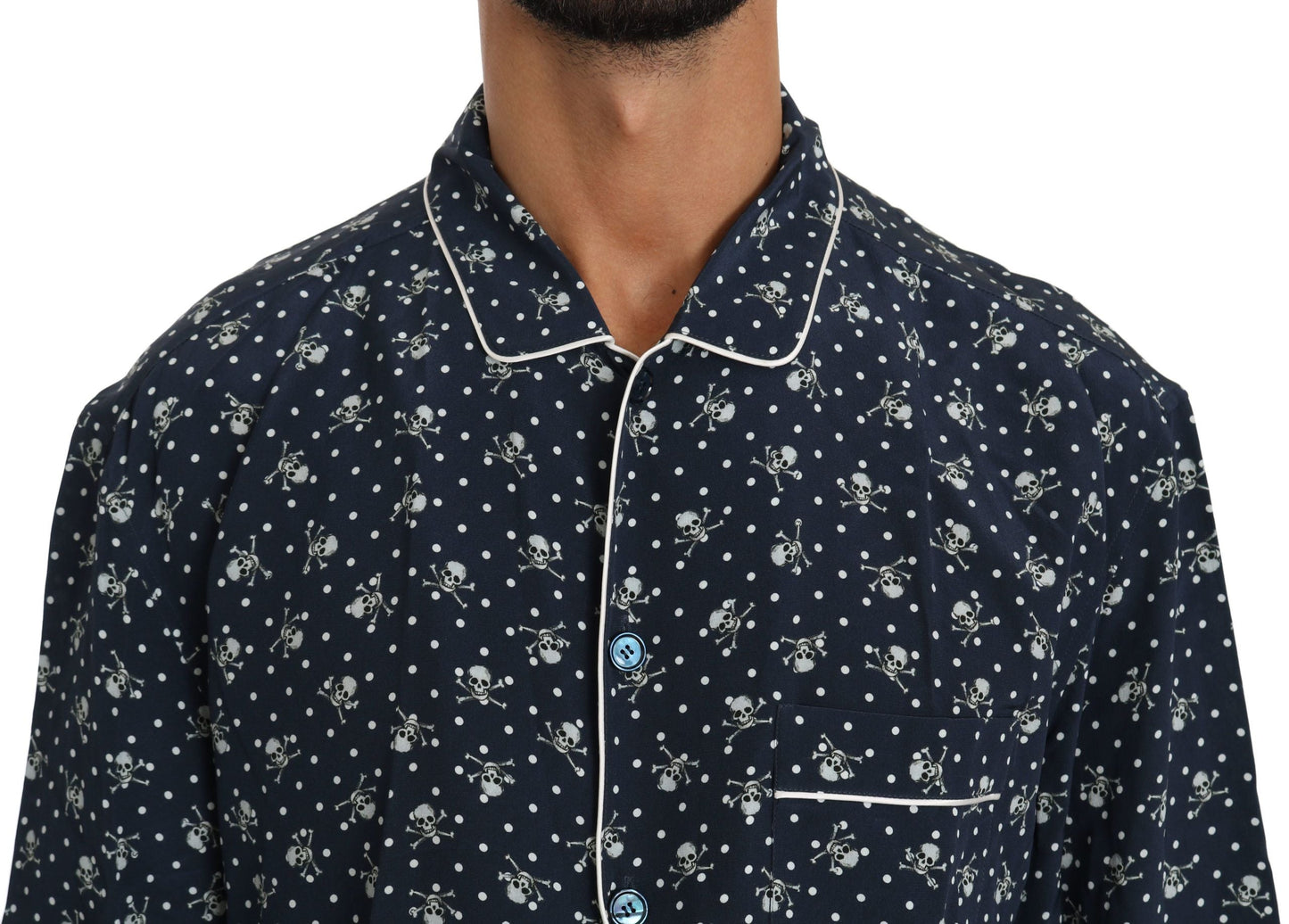 Dolce & Gabbana Blue Skull Print Silk Top Sleepwear Men's Shirt