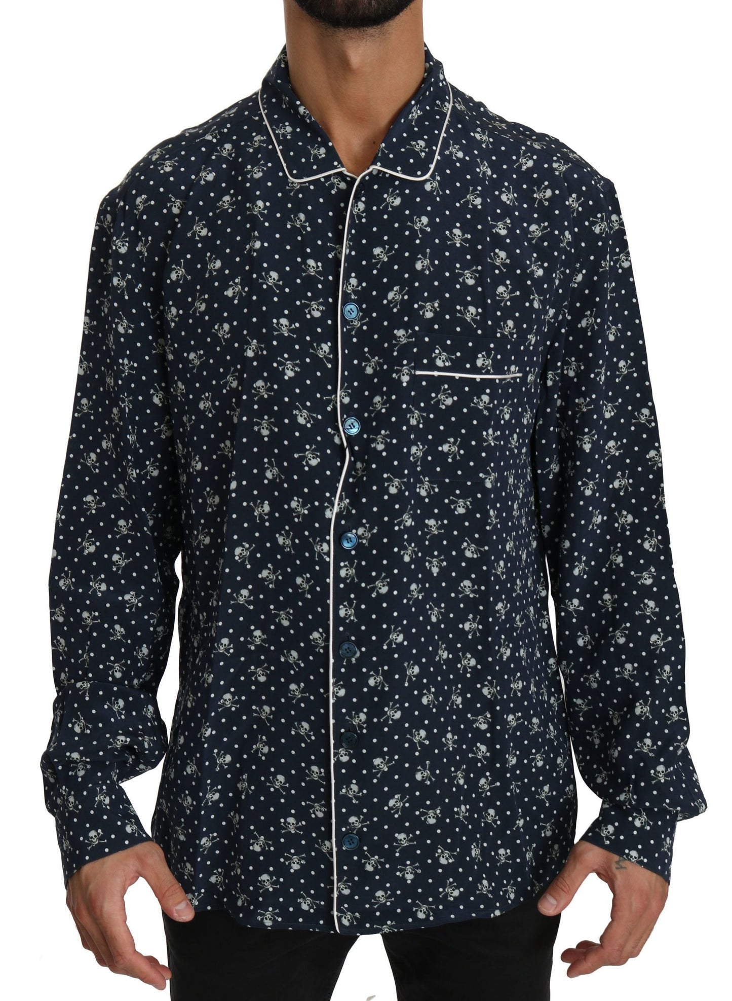 Dolce & Gabbana Blue Skull Print Silk Top Sleepwear Men's Shirt