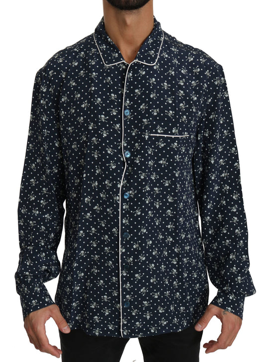 Dolce & Gabbana Blue Skull Print Silk Top Sleepwear Men's Shirt