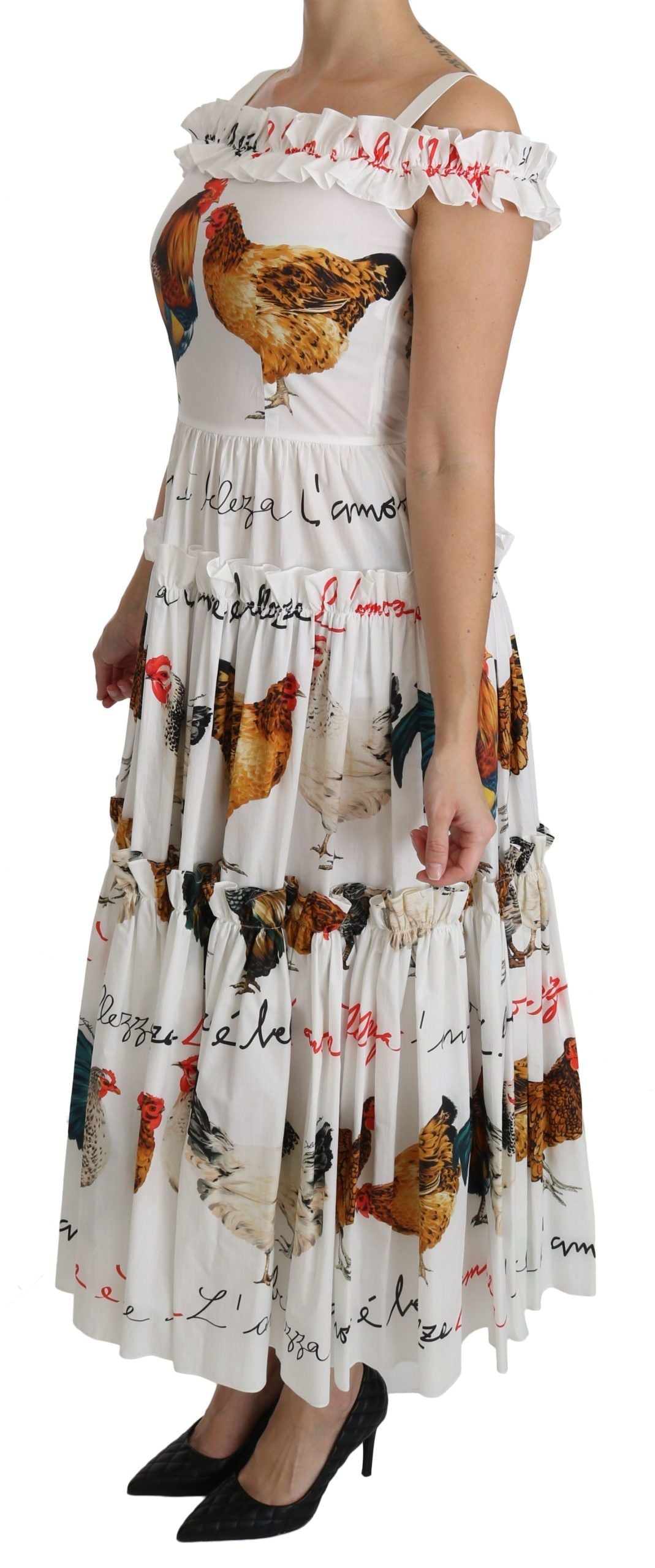 Dolce & Gabbana White Rooster Sheath Midi Cotton Women's Dress