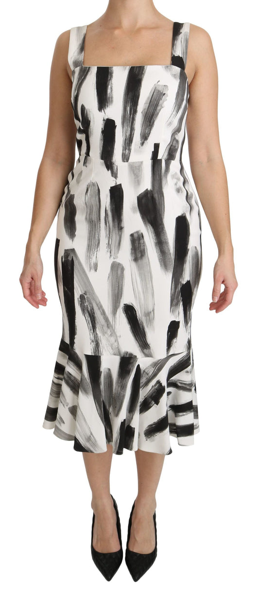 Dolce & Gabbana White Black Printed Sheath Midi Viscose Women's Dress