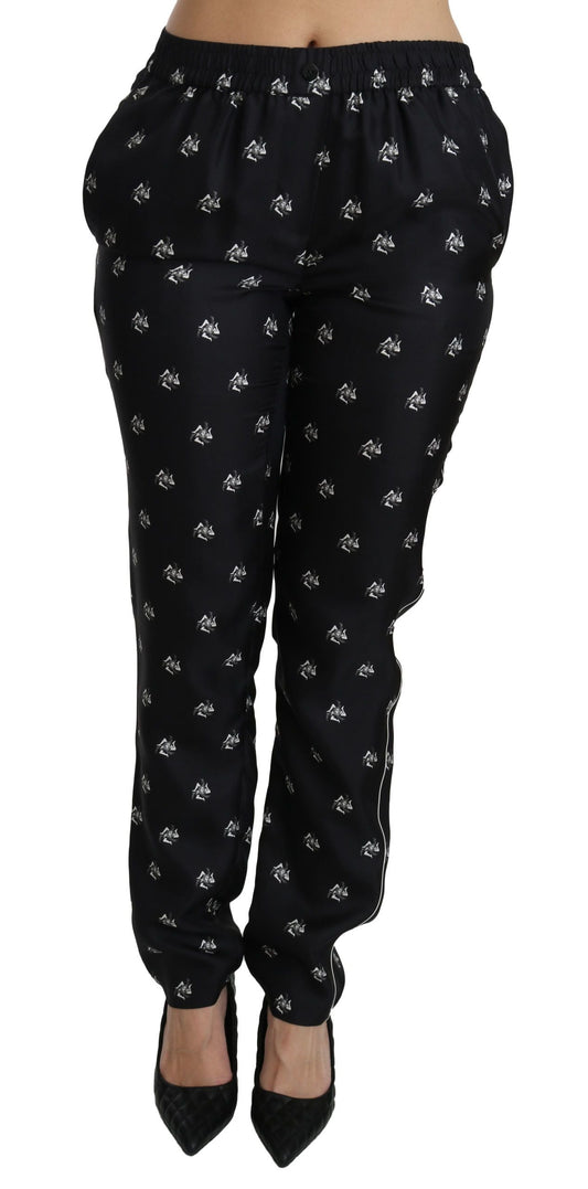 Dolce & Gabbana Black Printed Mid Waist Skinny Silk Women's Pants