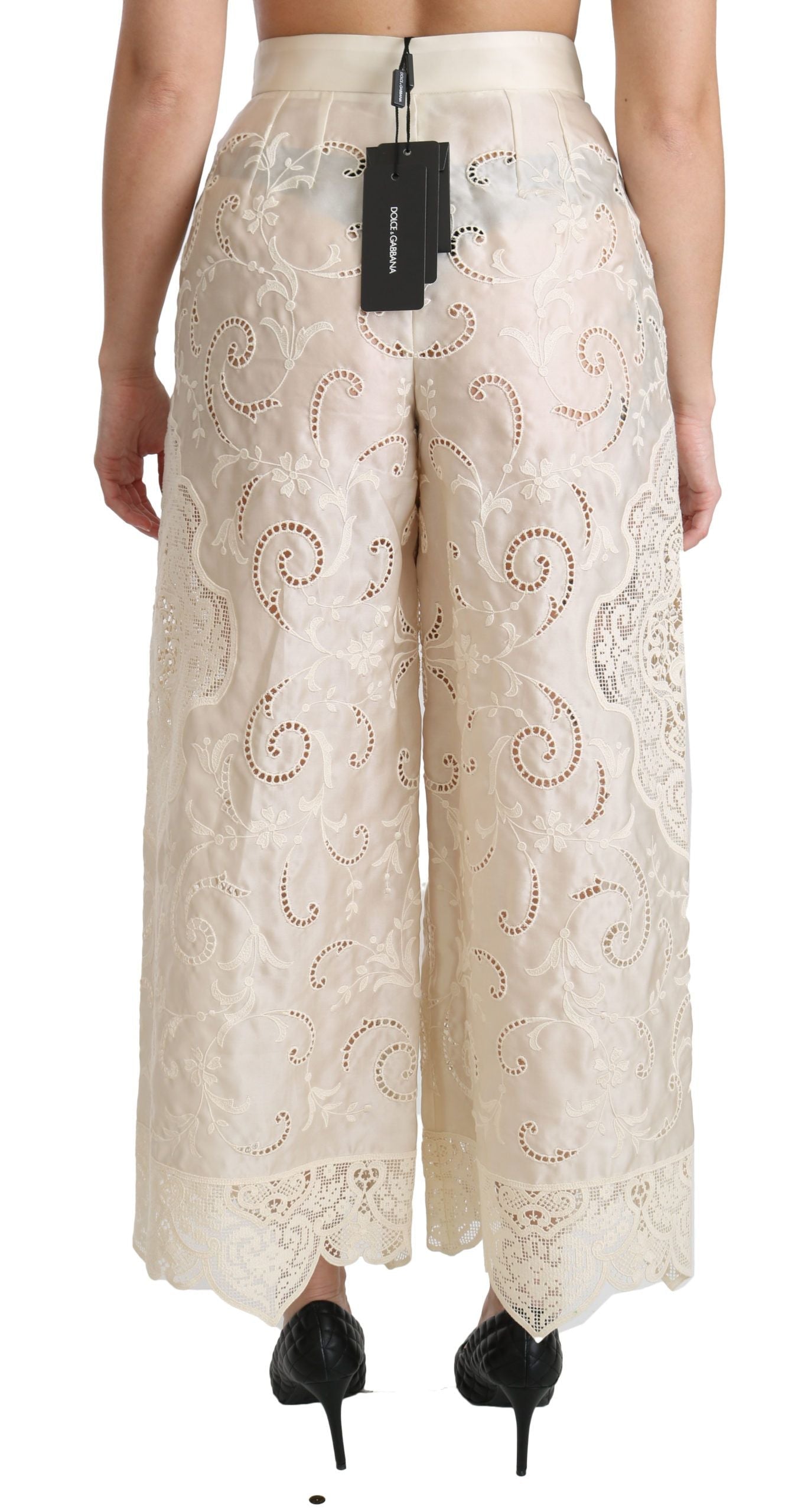 Dolce & Gabbana Cream Lace High Waist Palazzo Cropped Women's Pants