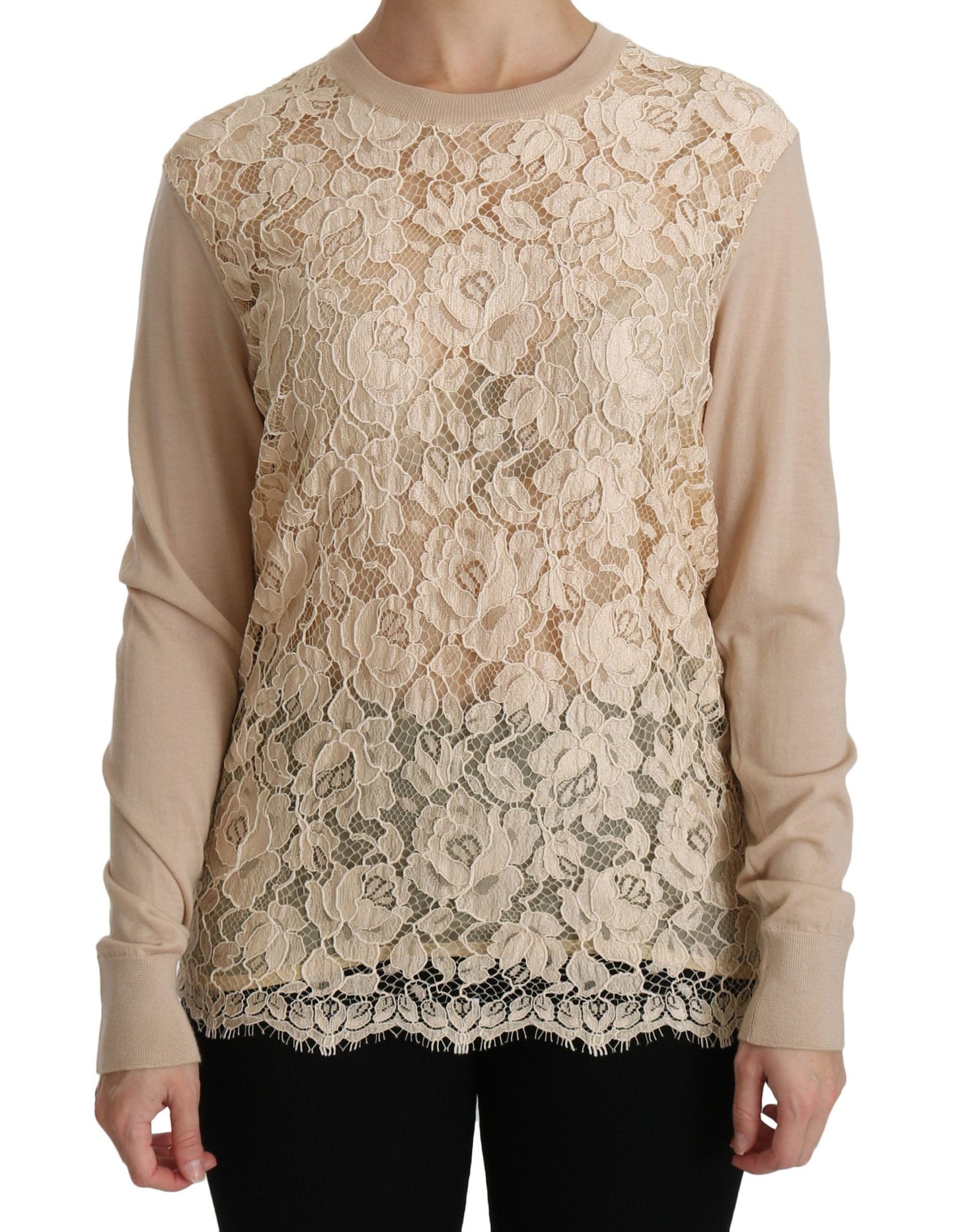 Dolce & Gabbana Beige Lace Long Sleeve Top Cashmere Women's Blouse