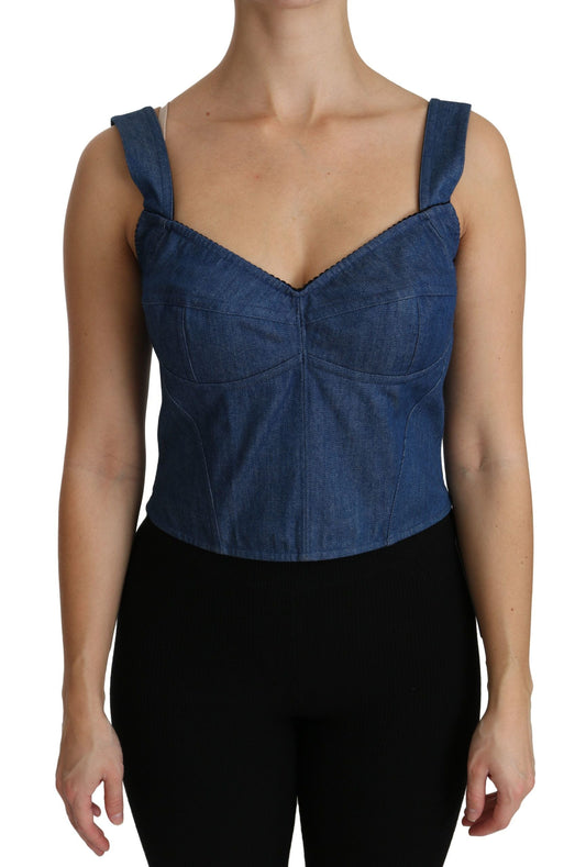 Dolce & Gabbana Blue Sleeveless Bustier Blouse Cotton Women's Top