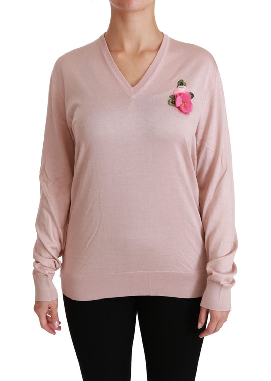 Dolce & Gabbana Pink Floral Embellished Pullover Silk Women's Sweater