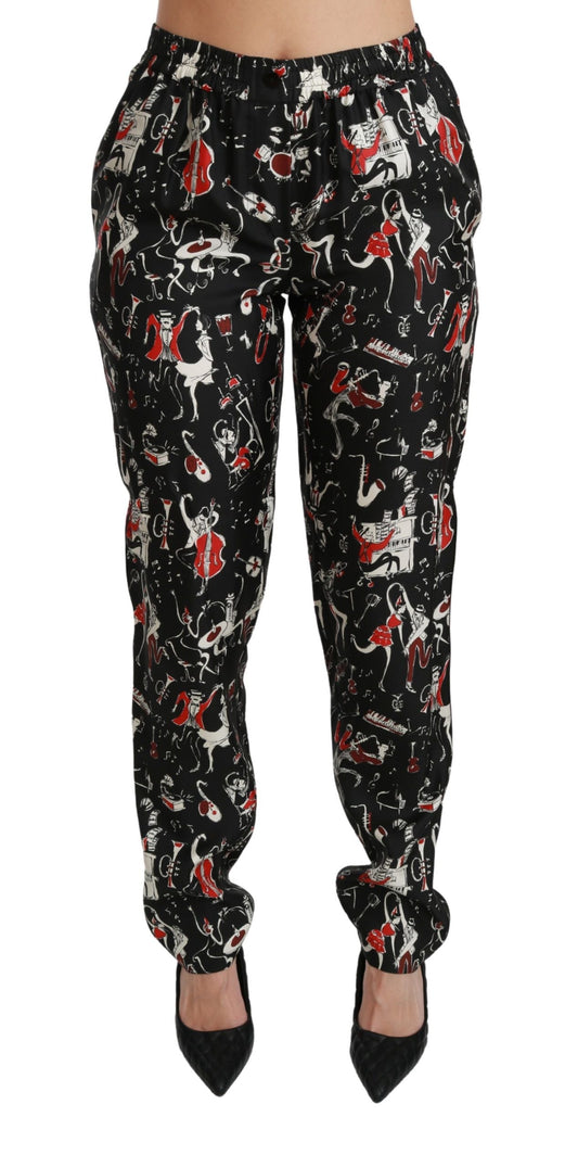 Dolce & Gabbana Black Silk Instrument Mid Waist Women's Pants