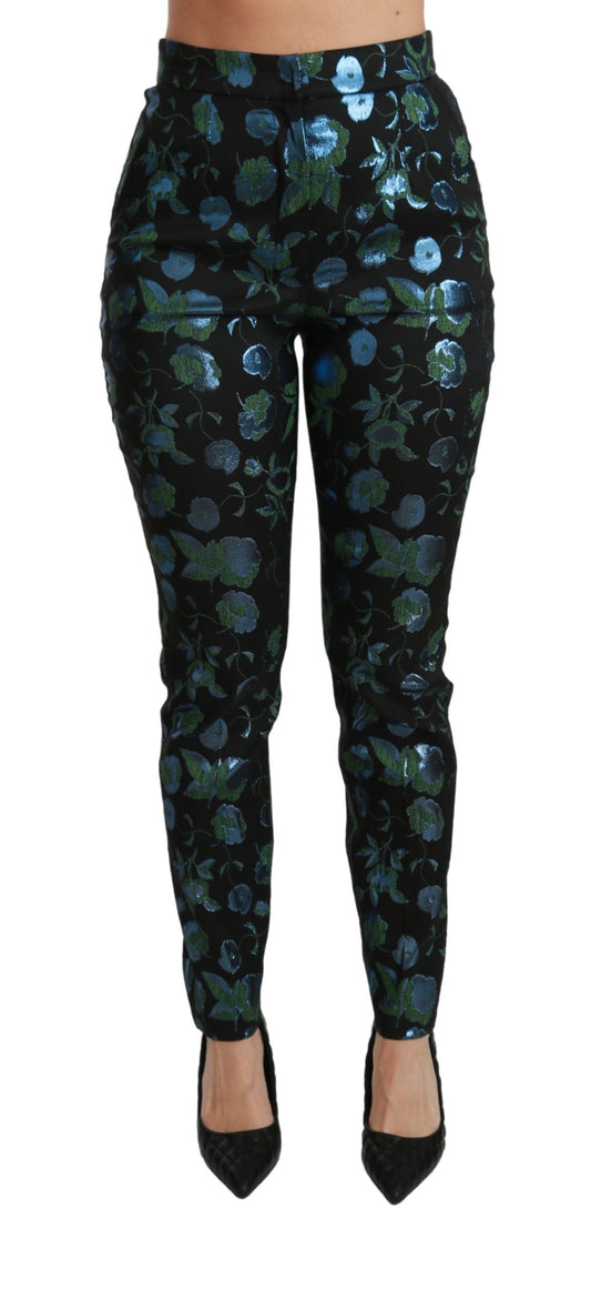 Dolce & Gabbana Blue Green Floral Metallic Slim Women's Pants