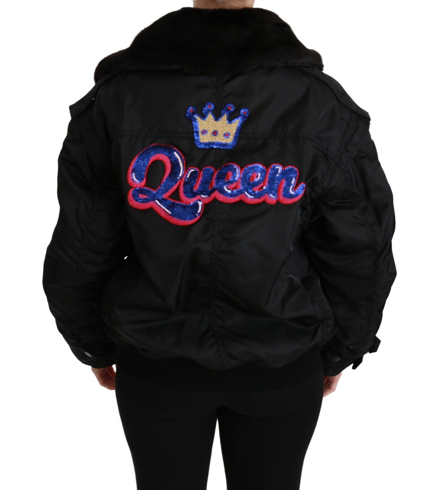Dolce & Gabbana Black Queen Crown Sequined Bomber Women's Jacket