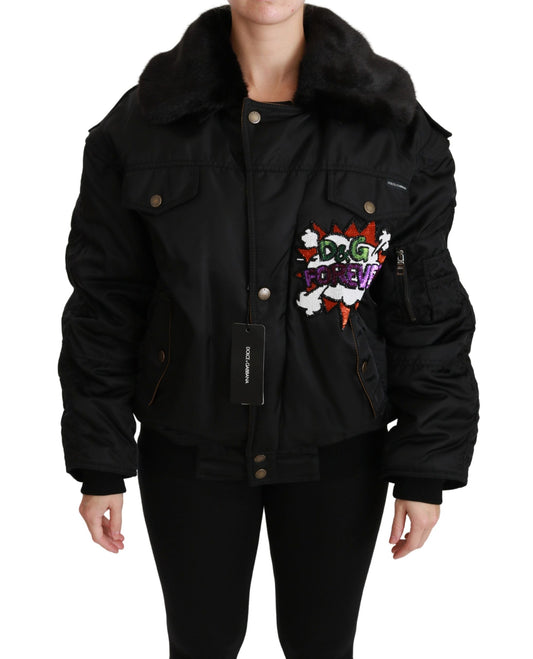 Dolce & Gabbana Black Queen Crown Sequined Bomber Women's Jacket
